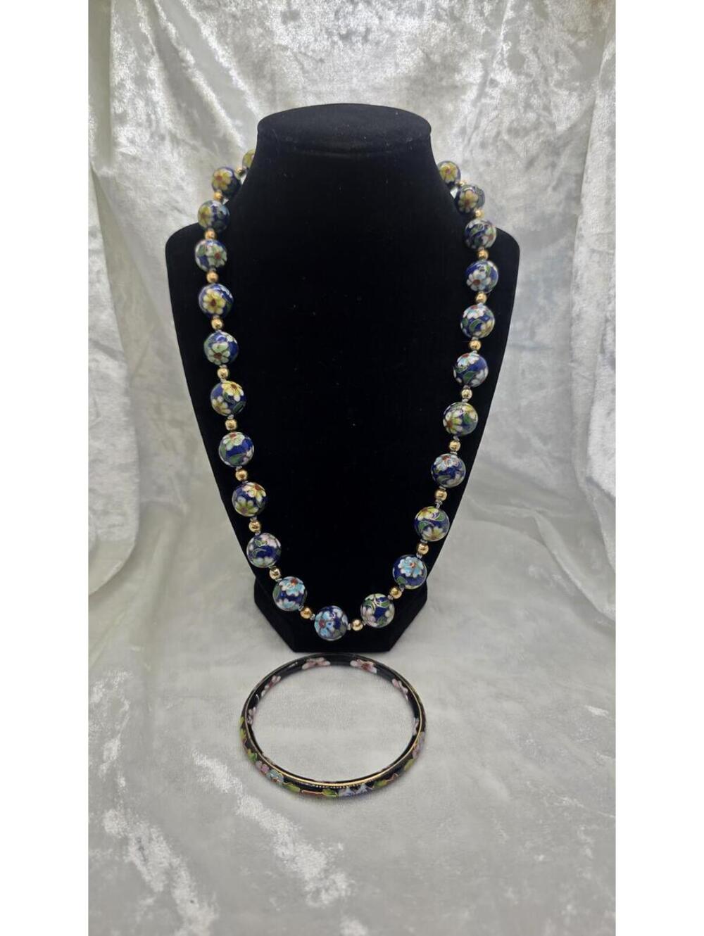 Vintage Cloisonne Necklace Bracelet Set Blue Floral Enamel Bead Jewelry Set